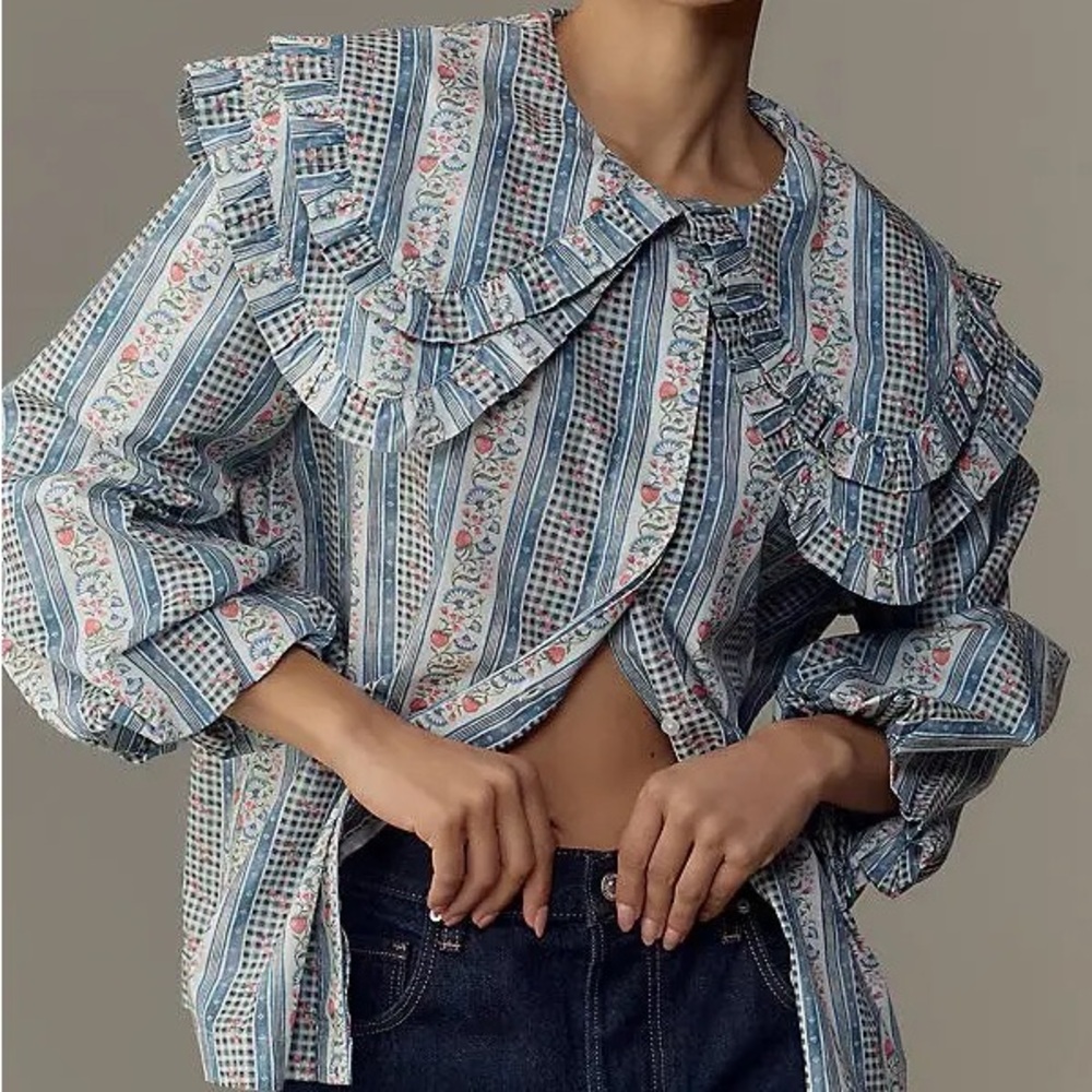 Double Collar Vintage Floral Print Top